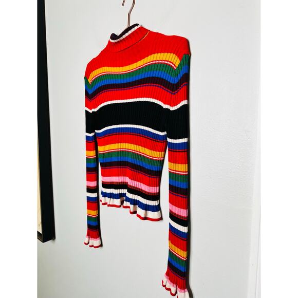 MSGM Rainbow Multicolored Striped Knit Ruffle Bell Sleeve Turtleneck Sweater XS - Picture 6 of 16